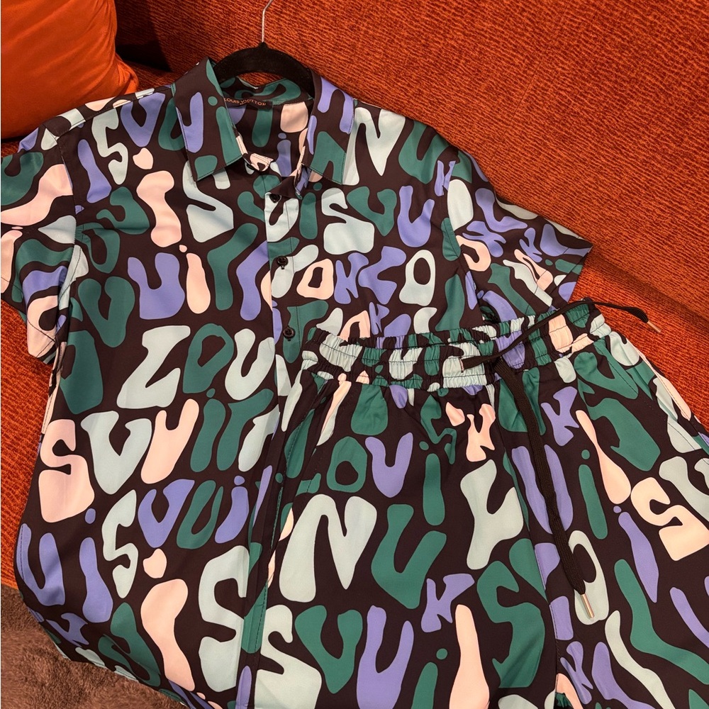 Bold Abstract Print Button-Up Shirt & Shorts Set - Black, Teal, Lavender, Mint